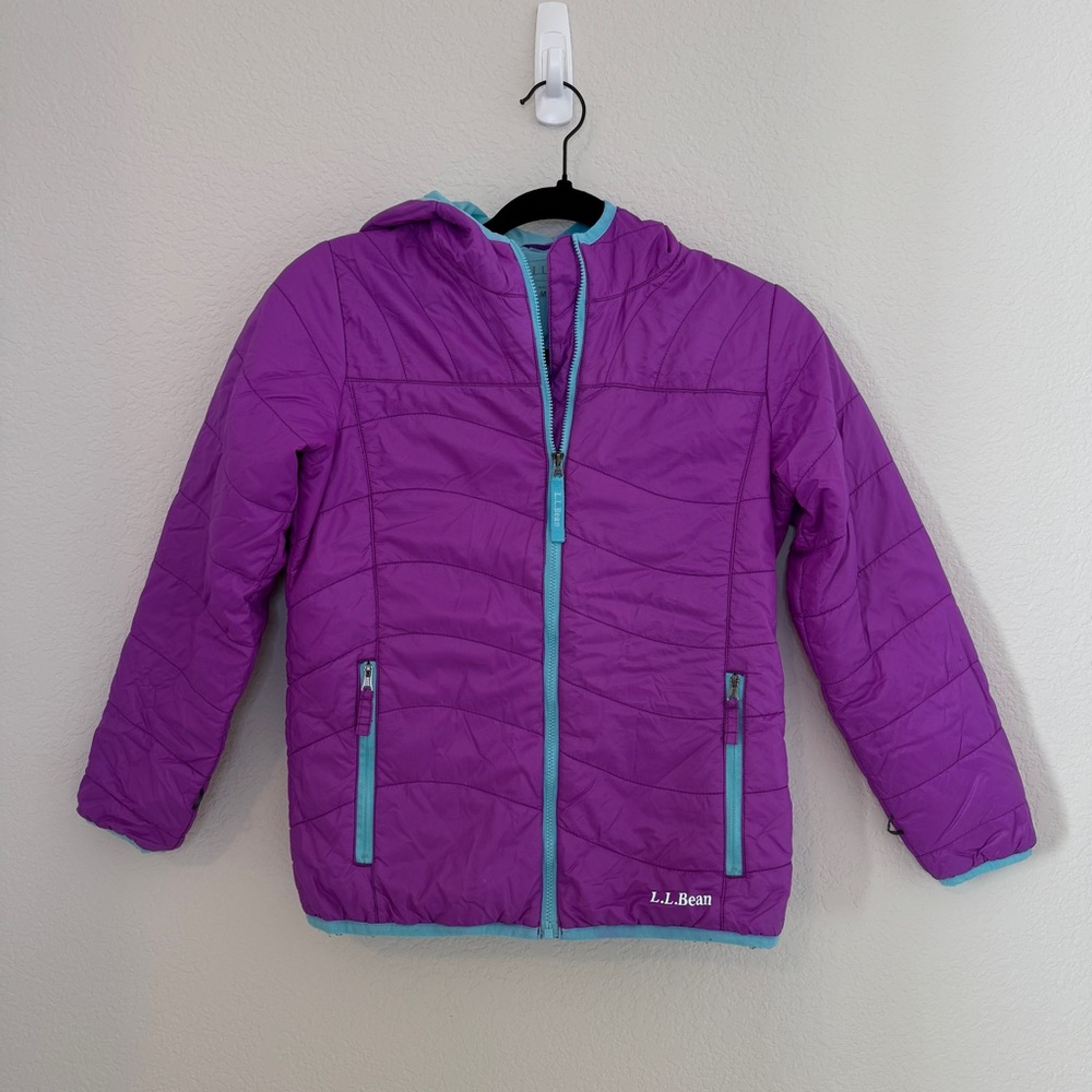 LL Bean Kids Girls Hooded Puffer Jacket Size M 10 12 Lightweight - Picture 2 of 15